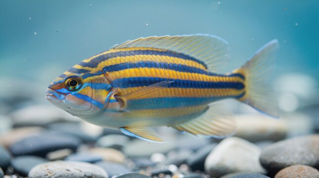 A vibrant striped fish with blue and yellow colors swims over smooth pebbles in clear water.