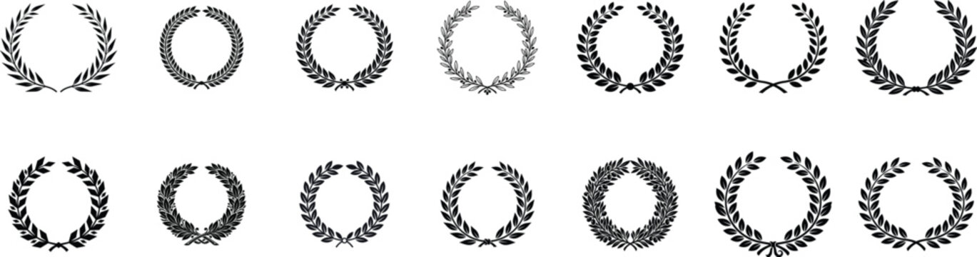 Laurel Wreath Vector Collection with Olive Leaf Frames, Award Badge Borders, Victory Emblems, Outline and Silhouette Design Set