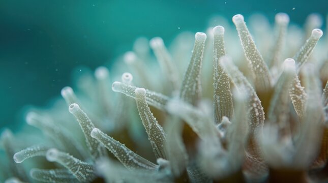 Close-up image of soft coral tentacles underwater, featuring delicate, translucent polyps with tiny white dots on a blurred ocean background.