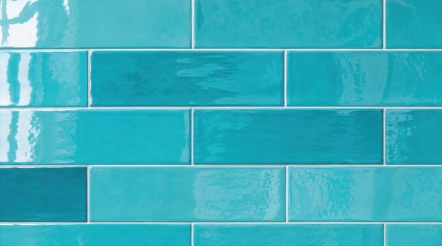 Shiny turquoise rectangular ceramic tiles with a glossy finish, arranged in a staggered brick pattern on a wall surface.