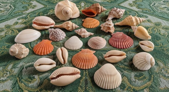 Assorted seashells arranged on green textured background.