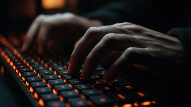 Close-up of hands typing on a backlit keyboard in a dark setting, highlighting focused computer use.