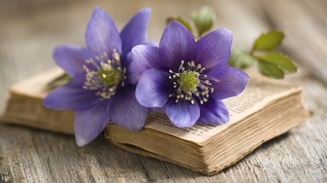 Purple flowers placed on an old book, capturing the beauty of nature intertwined with literature, perfect for showcasing floral arrangements or spring themes