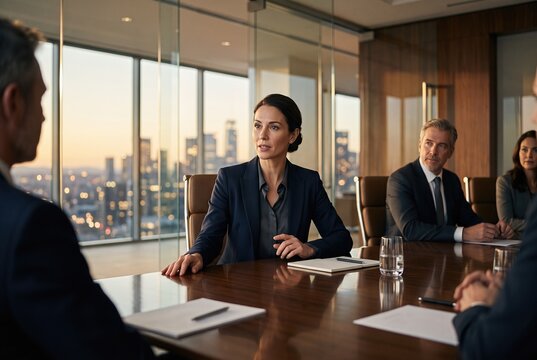 Business meeting takes place in a modern office with a view of the city during sunset