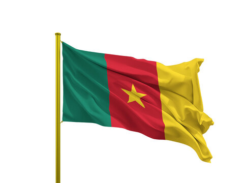Cameroon flag waving on a golden pole isolated on Transparent Background