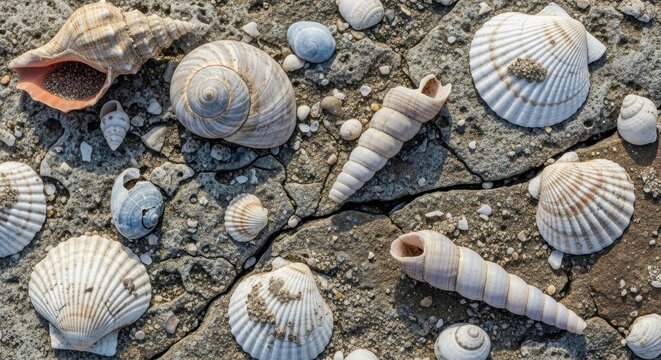 Assorted Seashells Scattered on Sandy Beach Surface.
