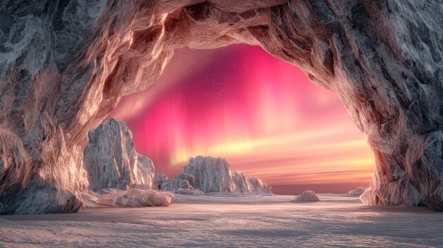 View of colorful northern light sky from icy cave entrance with frozen landscape
