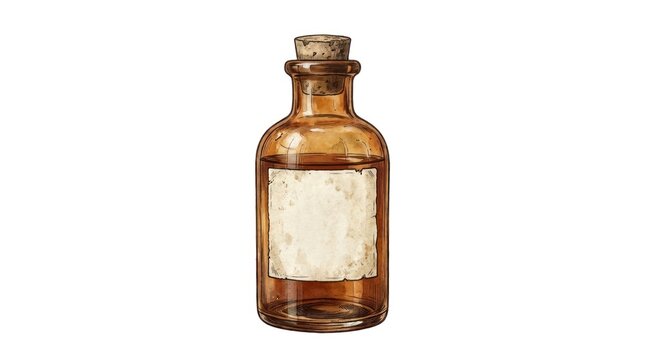 Small amber glass bottle with cork and blank label