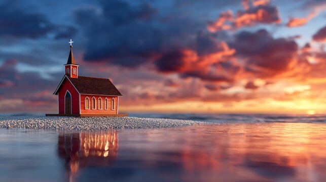 Small red Christian church building on rocky shore during vibrant sunset