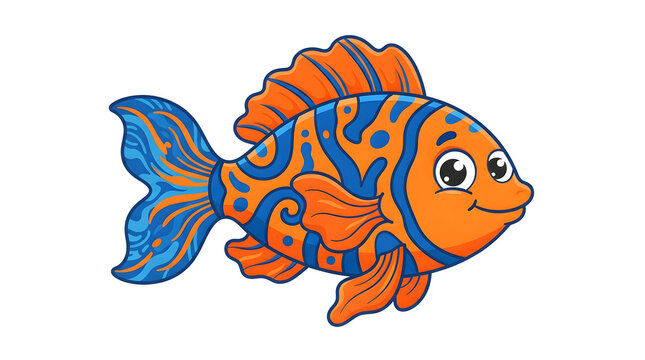 Bright and colorful cartoon fish illustration with orange and blue patterns, friendly expression, and detailed fins for children's books or educational designs