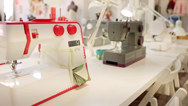 Empty sewing workshop classroom with modern machines