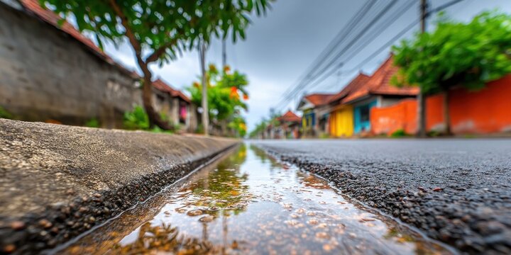 Wet Indonesian street after rain with reflections in the gutter and colorful houses