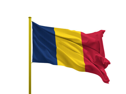 Chad flag waving on a golden pole isolated on Transparent Background