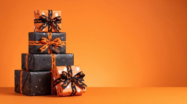 A stack of Halloween-themed gift boxes wrapped in orange and black paper with ghost and bat patterns, tied with festive ribbons, sits on an orange surface against a vibrant orange background.