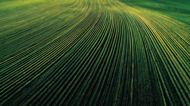 Aerial view of a vibrant green agricultural field with distinctive crop rows, showcasing farming patterns and rural landscape beauty