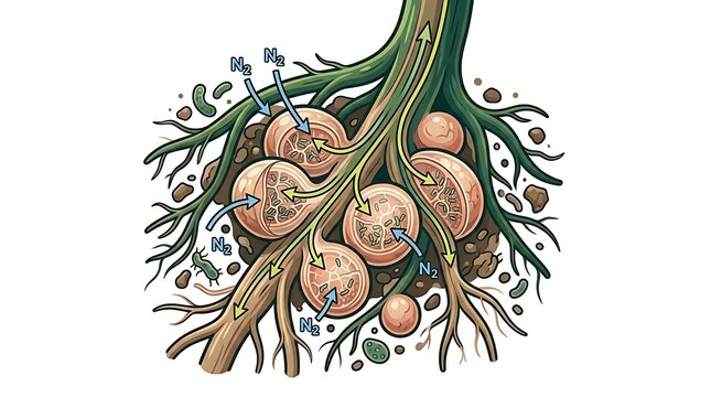 Nitrogen fixation process in legume root nodules with bacteria
