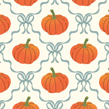 Cute Autumn Seamless Pattern with Coquette Ribbons and Pumpkin