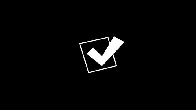 Minimalist checkmark animation in square box, white on black background, for ui and, task completion tick