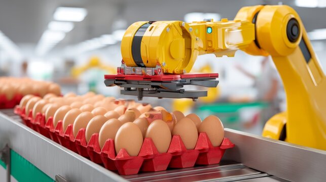 Automated robotic arm handling fresh brown egg on conveyor belt in factory