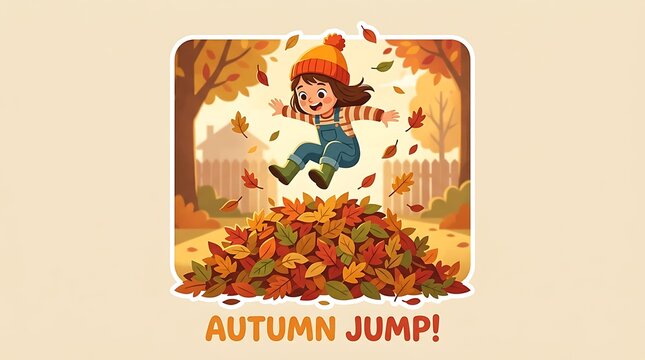 Happy little girl jumping into a pile of colorful autumn leaves