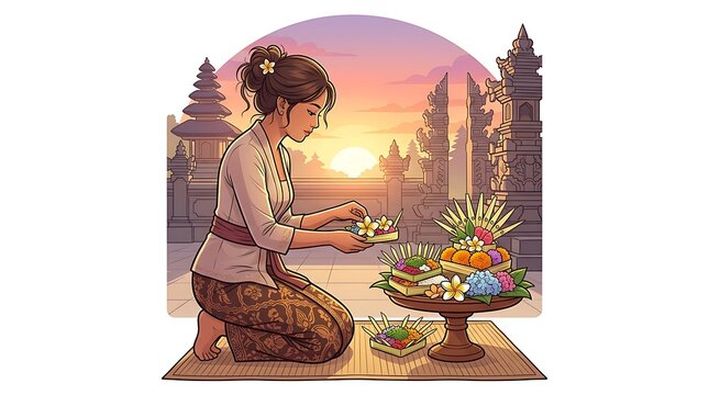 Young woman preparing traditional balinese flower offerings at sunset