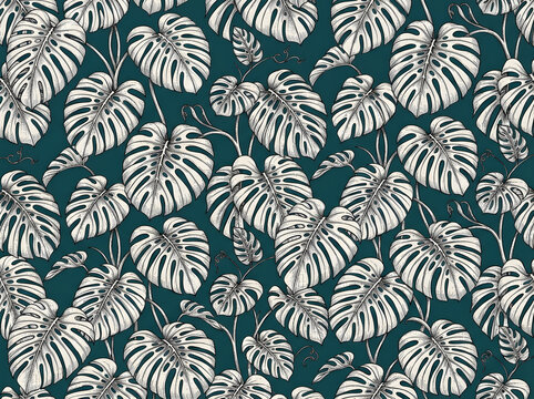 Seamless pattern with handdrawn monstera leaves on a dark teal background