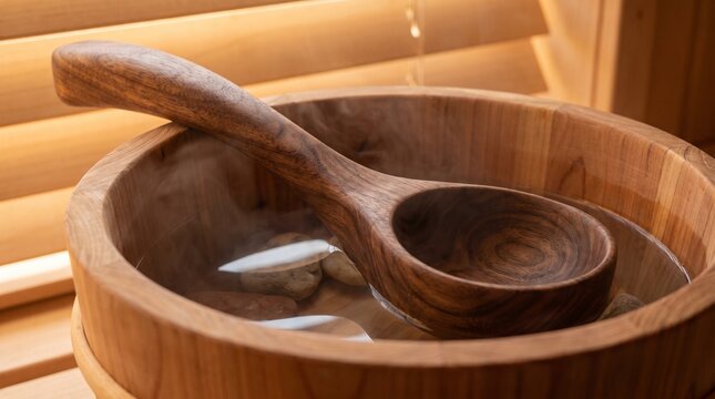 Wooden ladle inside sauna bucket with water and wooden texture  