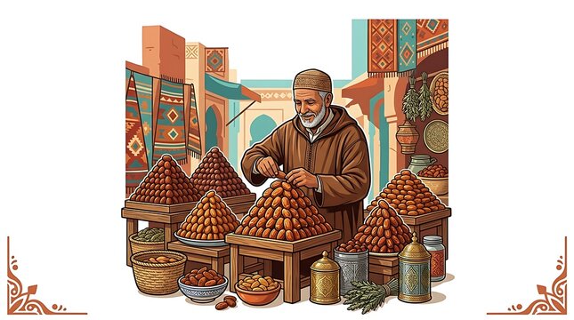 Elderly merchant arranging piles of dates in a traditional market
