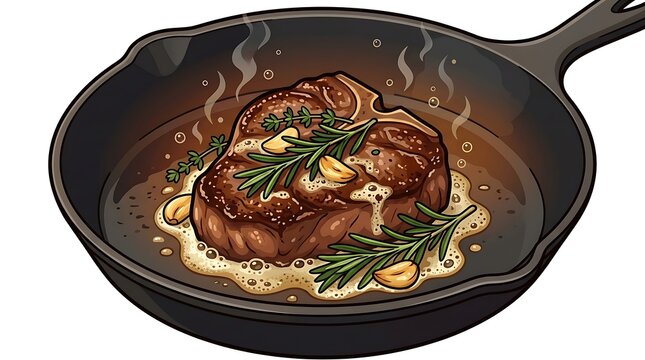 Juicy beef steak sizzling in cast iron pan with garlic and herbs