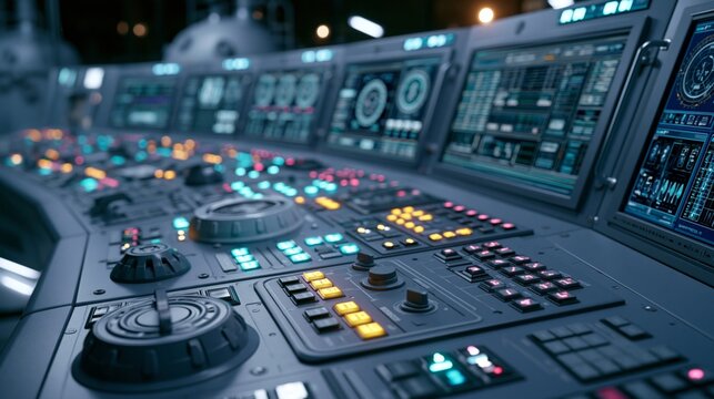 Close up of a nuclear reactor control panel with illuminated buttons and monitoring screens, representing advanced industrial technology and safe operations