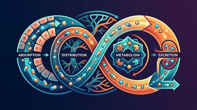 Medical infographic of drug metabolism and pharmacokinetics cycle