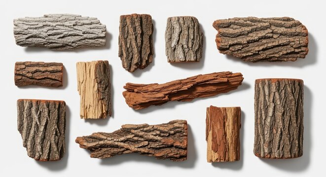 Assorted weathered wood pieces on white background.