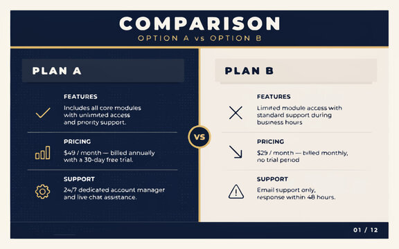 Comparison chart showing two subscription plan features pricing and support options side by side