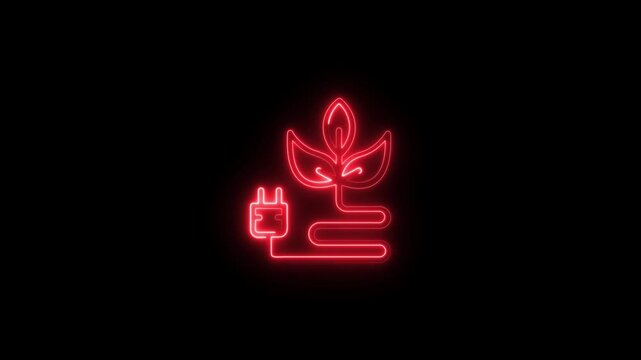 Red neon eco energy with electric plug and leaf symbol, glowing sustainable power concept for renewable energy and green technology projects
