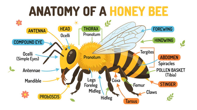 Detailed infographic illustrating the anatomy of a honey bee with labeled body parts and descriptions