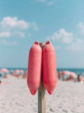Two red rescue torpedo buoys mounted side by side on a wooden post at a beach with people and umbrellas in the background under a clear blue sky