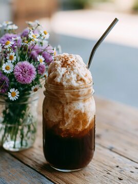 Root beer float in a mason jar with whipped cream and a metal straw, placed on a wooden table next to a vase of colorful flowers in a bright outdoor setting