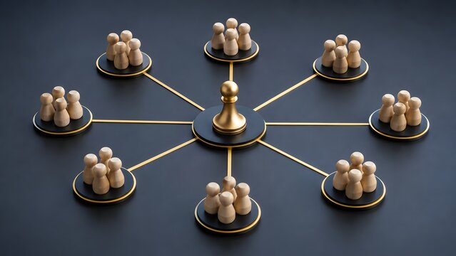 Golden chess pawn connected to clusters of wooden figures representing leadership corporate hierarchy networking and business organizational structure