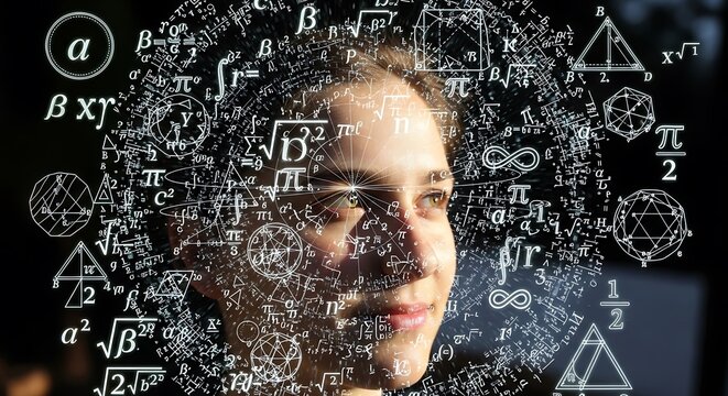 Mathematician deep in thought surrounded by equations.