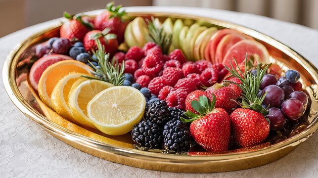 A vibrant fruit platter overflowing with fresh strawberries, raspberries, blueberries, grapes, lemons, and sliced apples on a gold tray