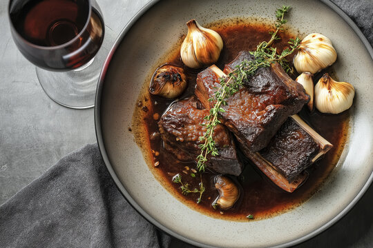 A plate of tender, slow-cooked beef short ribs, glistening in a rich sauce with roasted garlic and fresh thyme sprigs