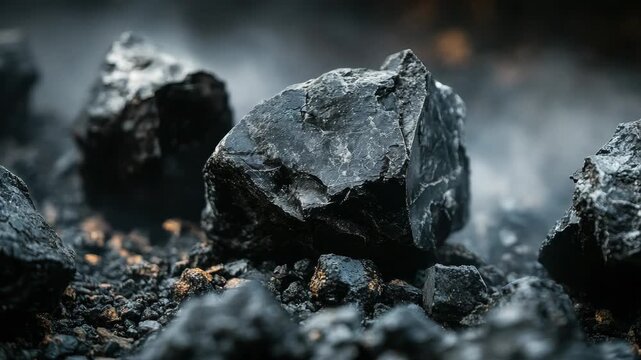 Close-up of smoking black coal chunks with golden embers, representing fossil fuel energy production, carbon emissions, and the global power industry
