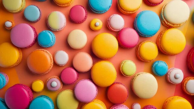 Colorful macaron assortment moving slowly. French sweet meringue-based dessert top view. Delicious confectionery and patisserie background with vibrant almond cookies
