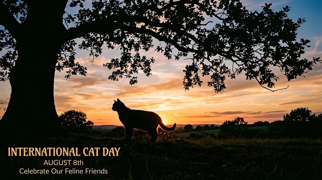 Cat Silhouette Against Sunset Landscape International Cat Day Celebration