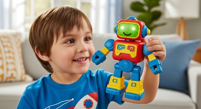 Young boy smiling while holding colorful toy watering can.