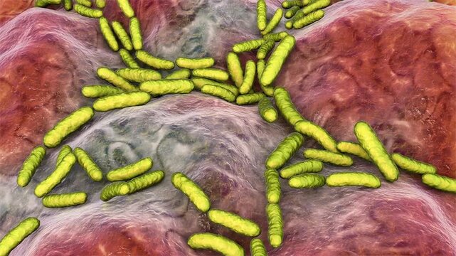 Lactobacillus bacteria, 3D animation showing rod-shaped probiotic bacilli attached to mucosal epithelial surface.