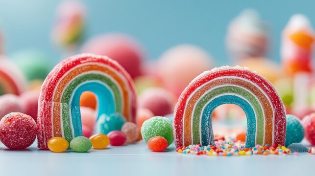 Colorful sugar rainbow candy with assorted small jelly and sprinkle sweets