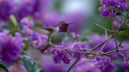 Fototapeta premium A vibrant hummingbird hovers gracefully among a stunning display of purple bougainvillea blossoms in a lush garden setting.