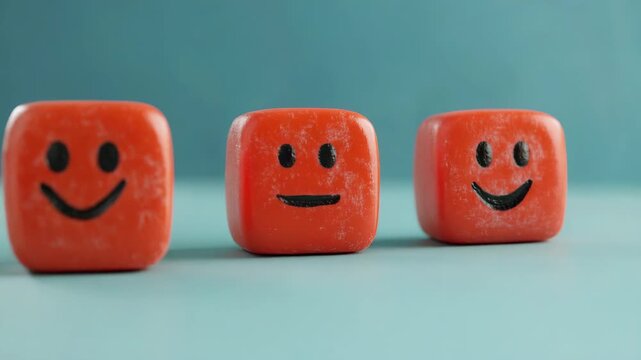Smiling red cube changing emotion from happy to neutral, a symbolic representation of customer satisfaction, feedback, and emotional states, standing out from the crowd