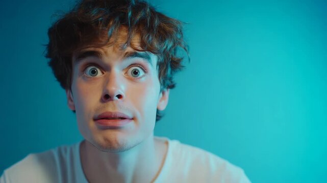Astonished young man reacting with shock and surprise, his eyes wide and mouth open in amazement against a vibrant blue background with copy space on the right